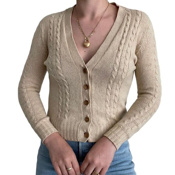 Vintage 1960s Womens Jaeger Cashmere Wool Blend Beige Tan Preppy Cardigan XS - Picture 2 of 8